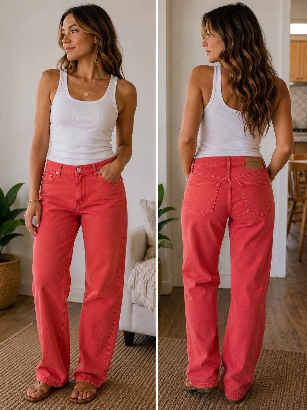 Straight Leg High-Rise Jeans in Coral Red